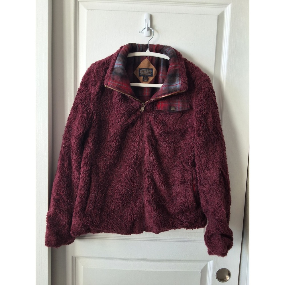 Pendleton Women Medium Sherpa Fleece Full Zip Jacket Plaid Trim‎ Outerwear Warm